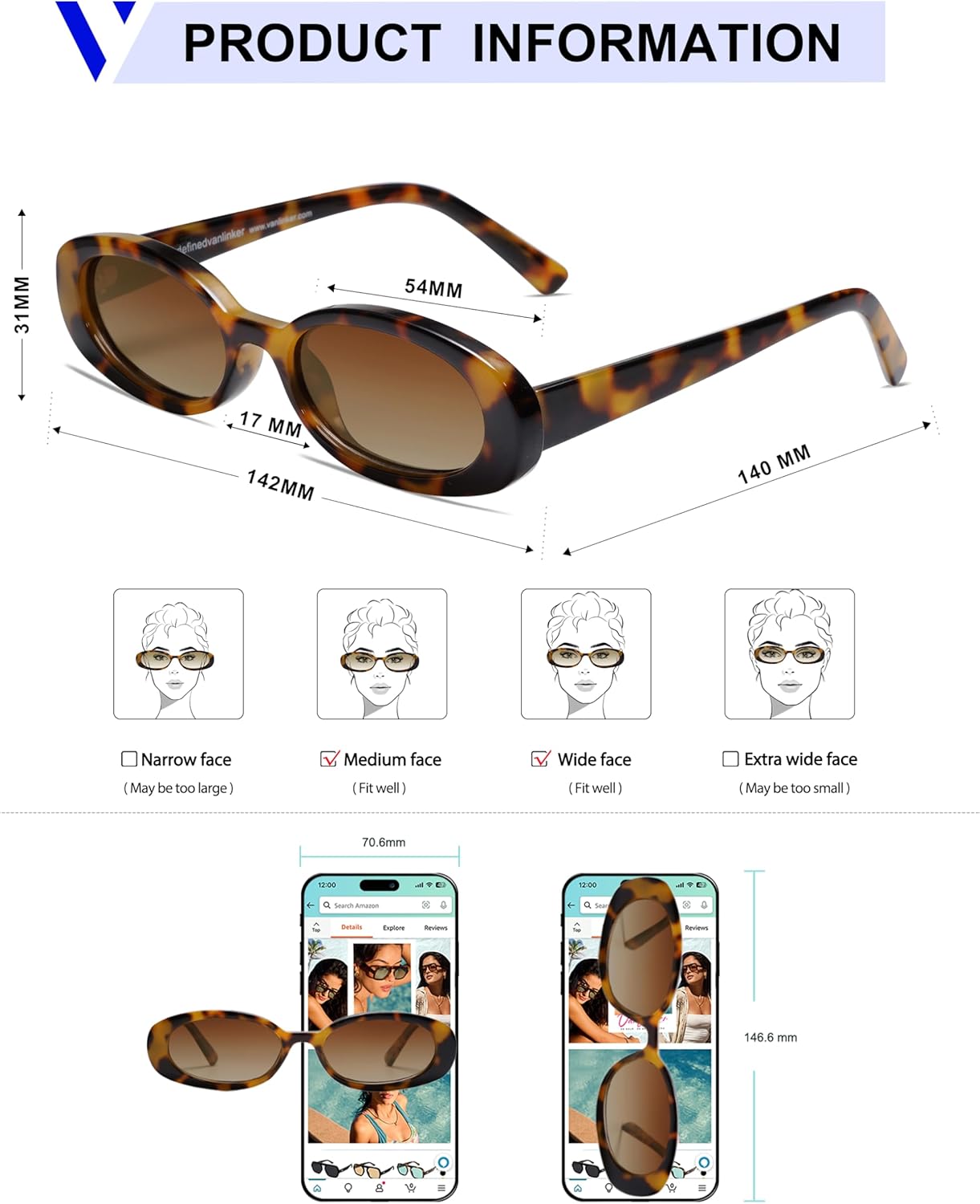 VANLINKER Polarized Retro Oval Sunglasses for Women and Men Small 90s Style VL9580