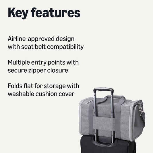 Amazon Basics Soft Cat & Dog Carrier with Adjustable Shoulder Strap, Airline-Approved, Foldable and Portable Design, Mesh Ventilation, Folds Flat for Storage
