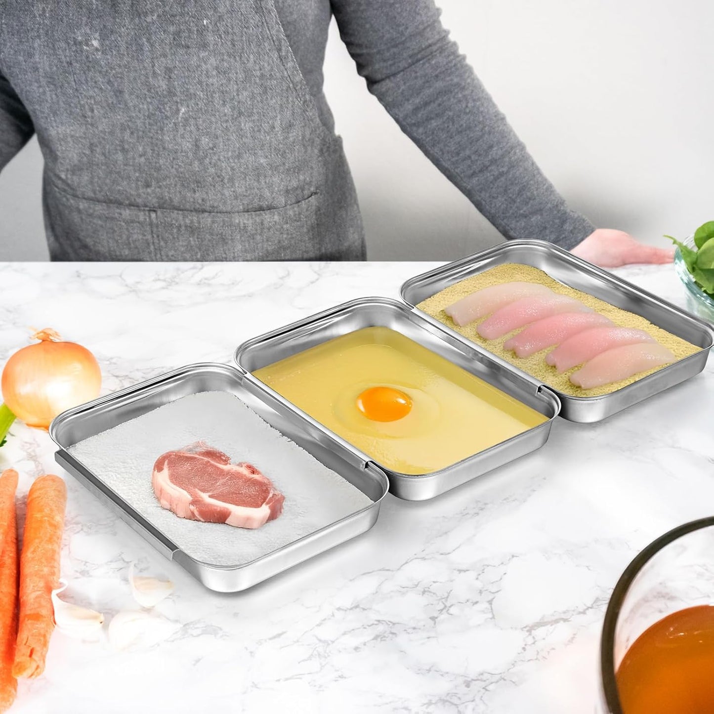 Breading Trays Set of 3 Dredging Trays for Cooking, Stainless Steel Breading Pans Set for Marinating Meat, Chicken, Fish, Food Prep Tray