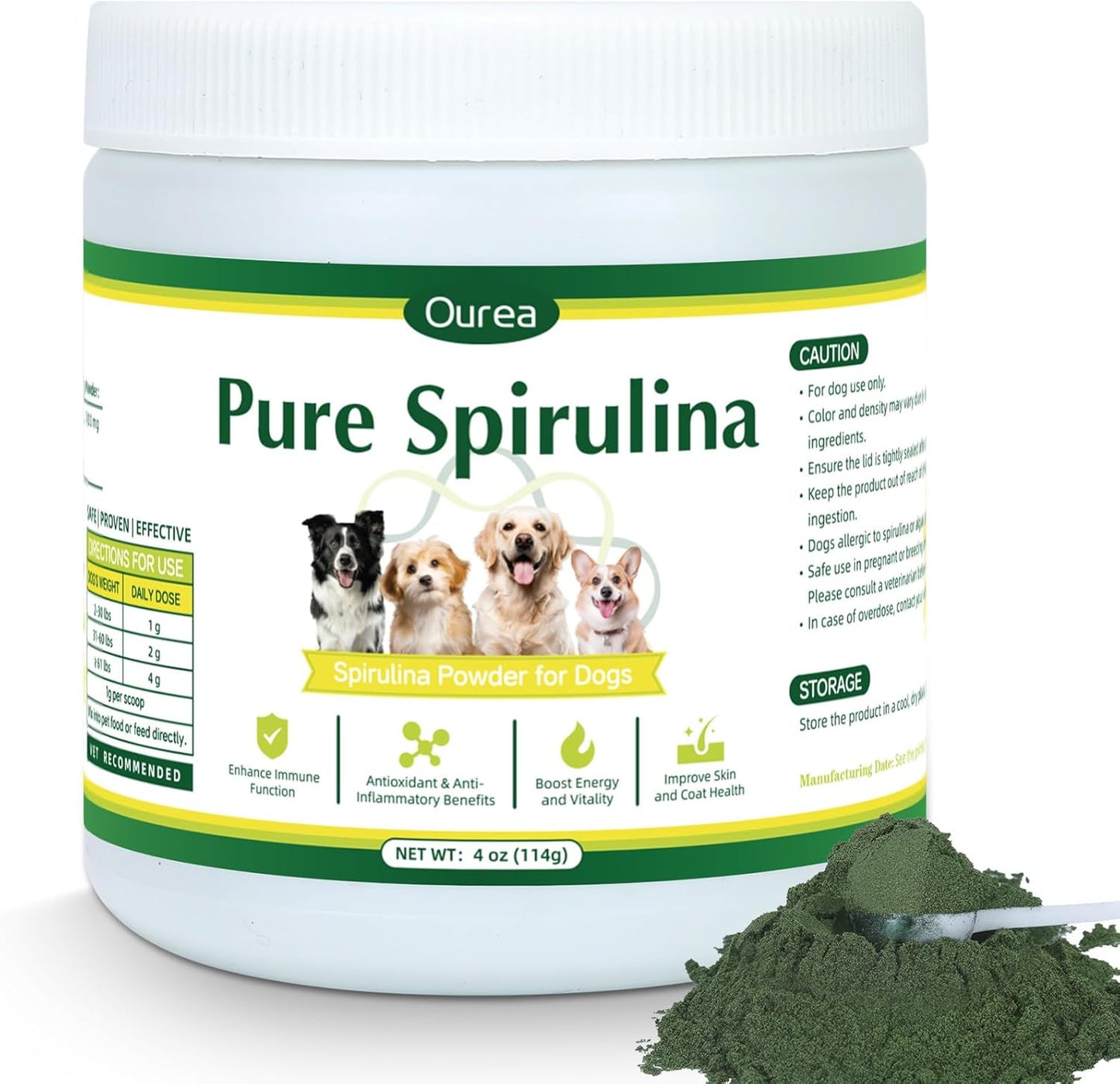 Organic Spirulina Powder for Dogs – Natural Superfood Supplement for Skin, Coat & Immune Health – 100% Pure Green Algae, No Fillers, No Additives, Boosts Energy & Vitality