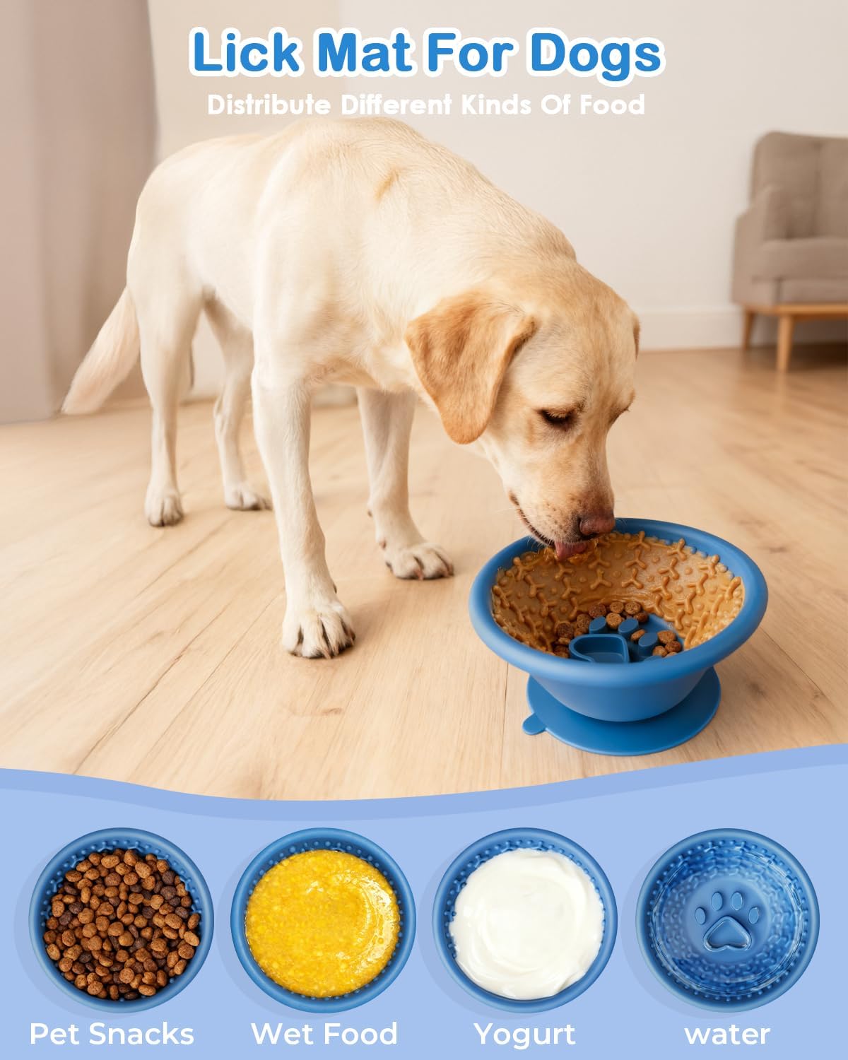 Dog Slow Feeder Lick Bowl to Prevent Fast Eating, Steel Reinforced Rim, Non-Slip Suction Base, BPA-Free Silicone, Dishwasher & Freezer Safe, Helps Extend Mealtime & Keep Dogs Calm(Blue)