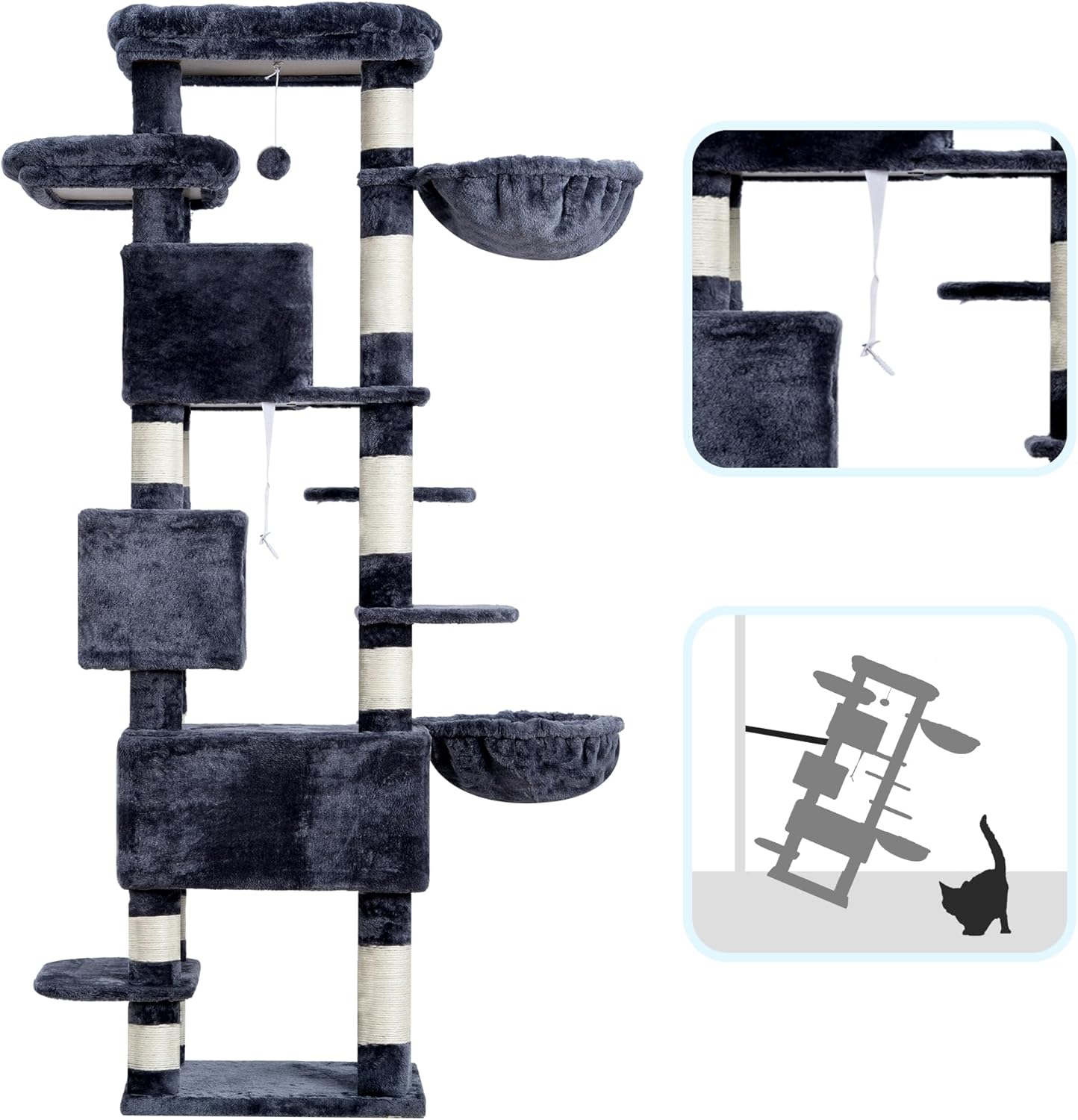 Hey-brother Cat Tree, 74 inches Multi-Level XL Large Cat Tower for Indoor Cats with Three Cat Condos, Two Large Top Decks and Cat Hairbrushfor Kittens, Cats and Pets, Smoky Gray MPJ035-MG