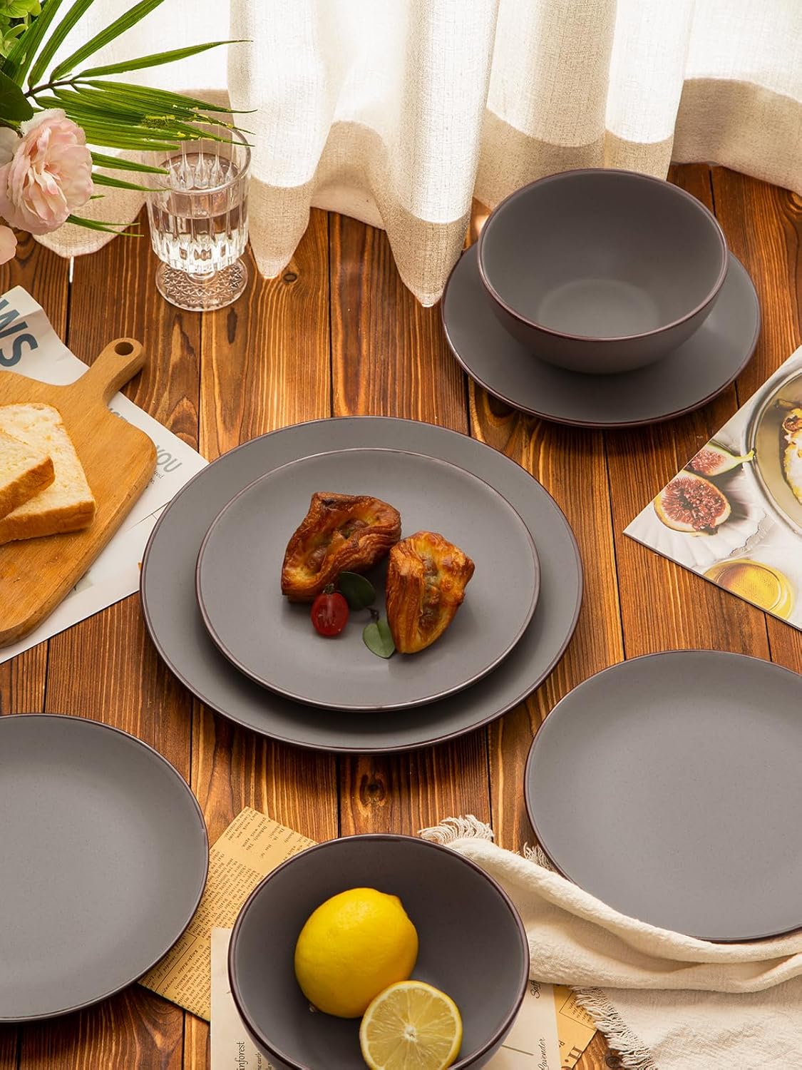 Famiware Venus Plates and Bowls Sets, 12 Pieces Stoneware Speckled Dinnerware Dishes Set for 4, Matte Dark Gray - Microwave & Dishwasher Safe, Modern Minimalist, for Everyday Meals & Formal Dining