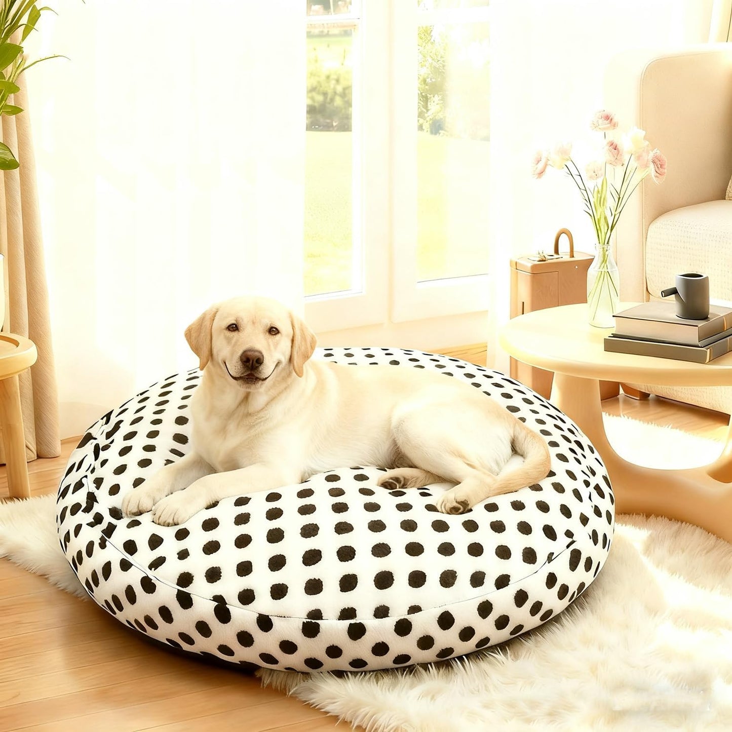 Washable Dog Bed Covers Round Replacement Dog Bed Covers, White 45 Inch Waterproof Sofa Cover with Dot Print Design for Medium & Large Pet Beds, Cover Only