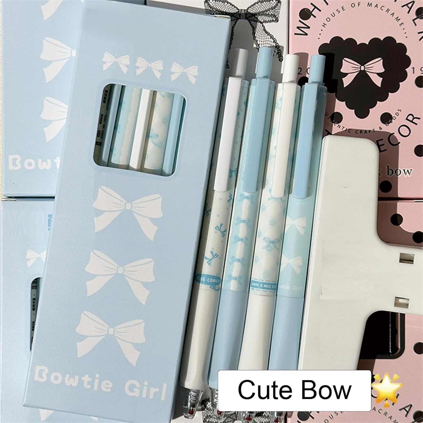 4 Pcs Cute Retractable Pens Bowknot Gel Pens 0.5mm Fine Point Black Ink Smooth Writing Pen Office School Supplies Cartoon Kawaii Blue Pen for Women Girls (Blue)