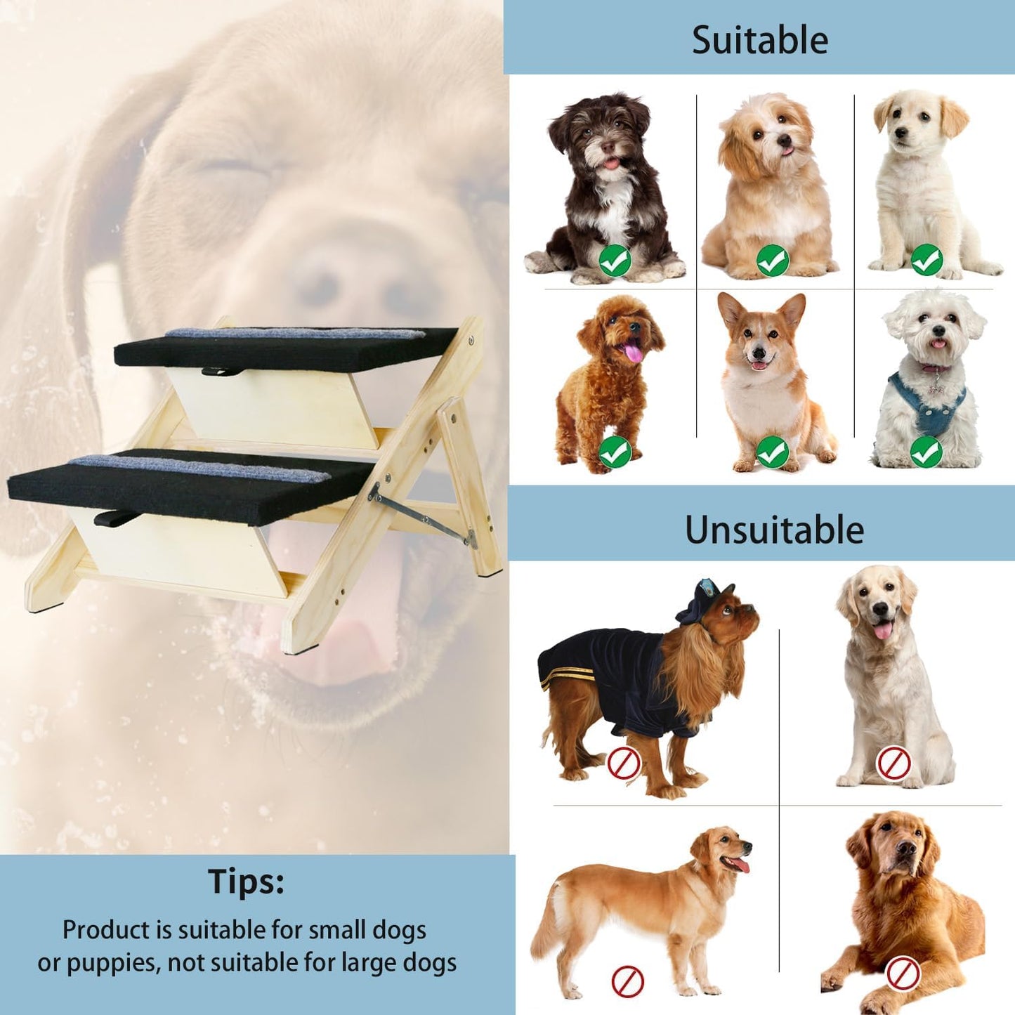 2-in-1 Indoor Pet Ramp, Wooden Folding 2-Tier Pet Stairs with Non-Slip Carpeted Steps, Ramp Perfect for Bed and Couch