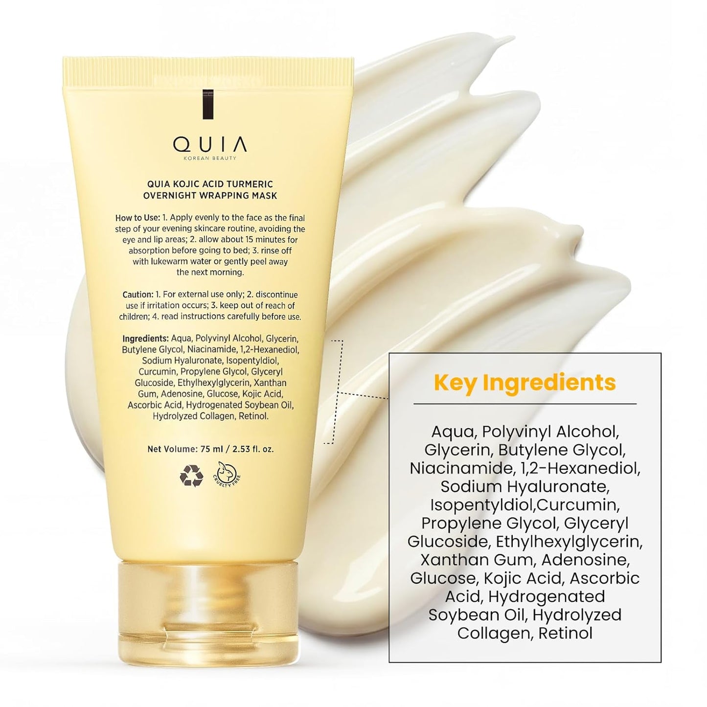 QUIA Turmeric + Kojic Acid Overnight Wrapping Mask – Hydration Mask for Glowing Skin – Evens Tone, Soothes Redness and Improves Skin Texture – Korean Skincare 75ML