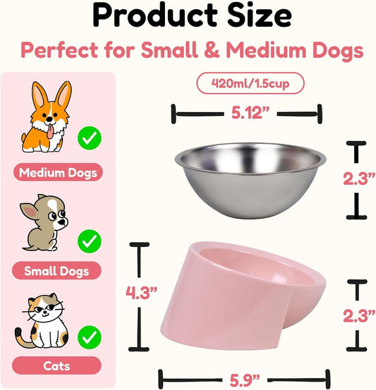 Tilted Dog Bowl for Flat-Faced & Senior Dogs, 15° Slanted Stainless Steel Dog Food Bowl, Elevated Pet Feeder for Small & Medium Dogs, Comfortable Eating Design (Pink, M (420 ML / 1.5 Cups))