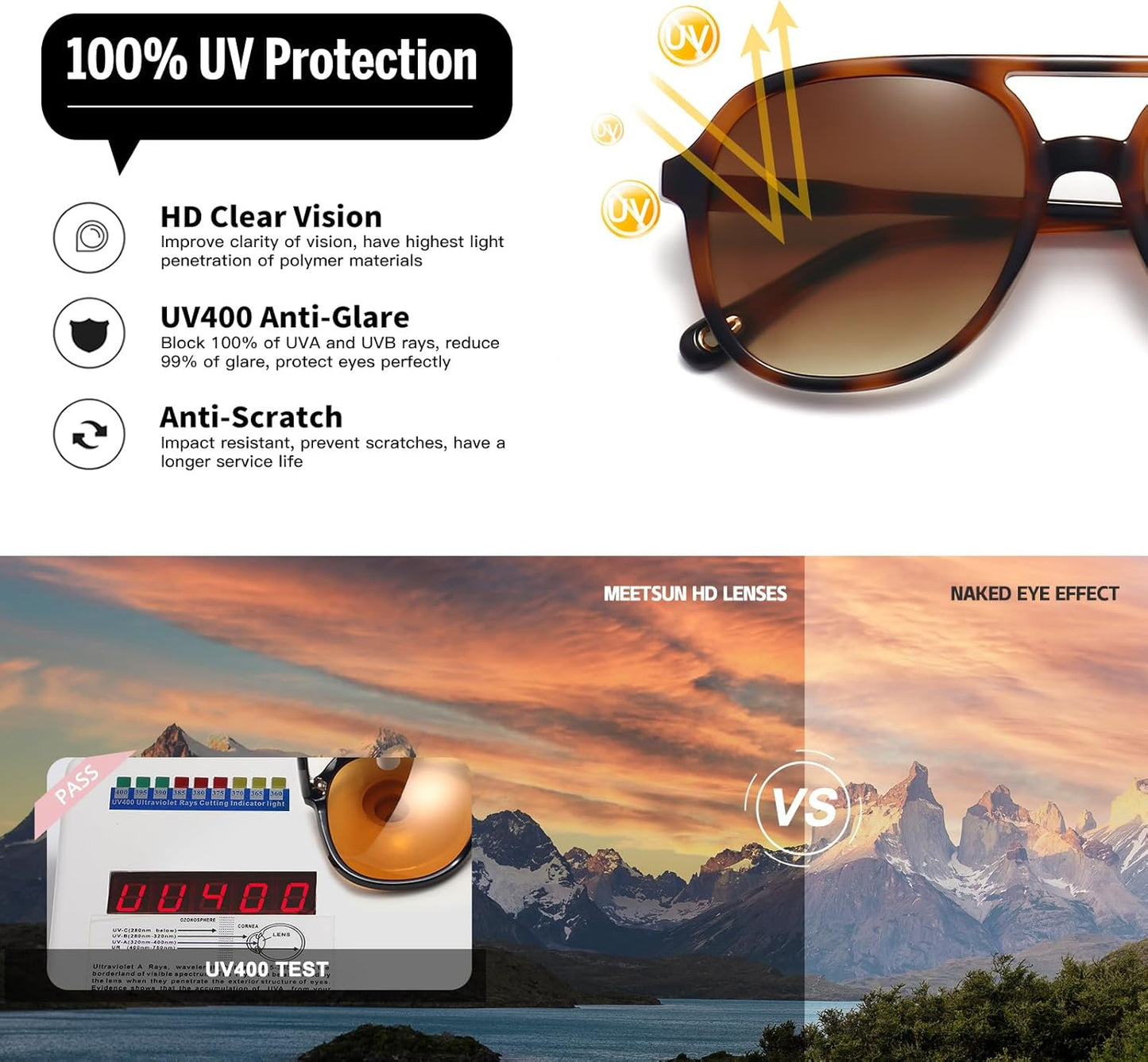 MEETSUN Retro Oversized Aviator Sunglasses for Women Men Trendy 70s 80s Vintage Square Aviators 3 Pack UV400