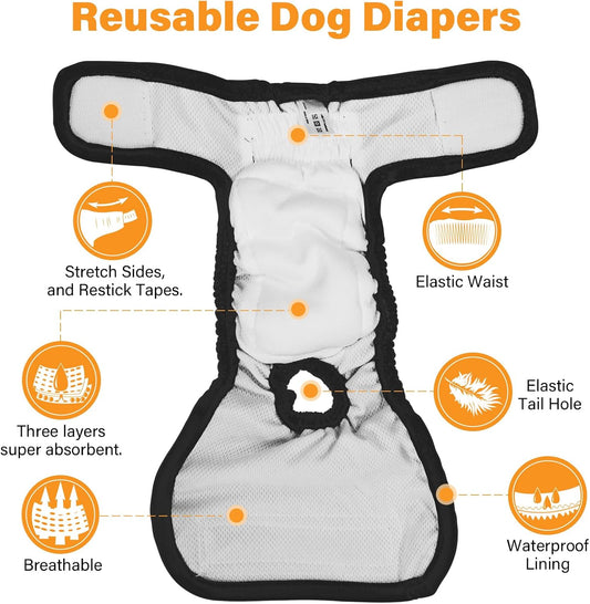 Washable Female Dog Diapers 3 Pack Premium Reusable Diapers for Dog in Heat - Highly Absorbent for Untrained Puppies, Dogs in Heat, Doggie Menstrual and Incontinence S - A