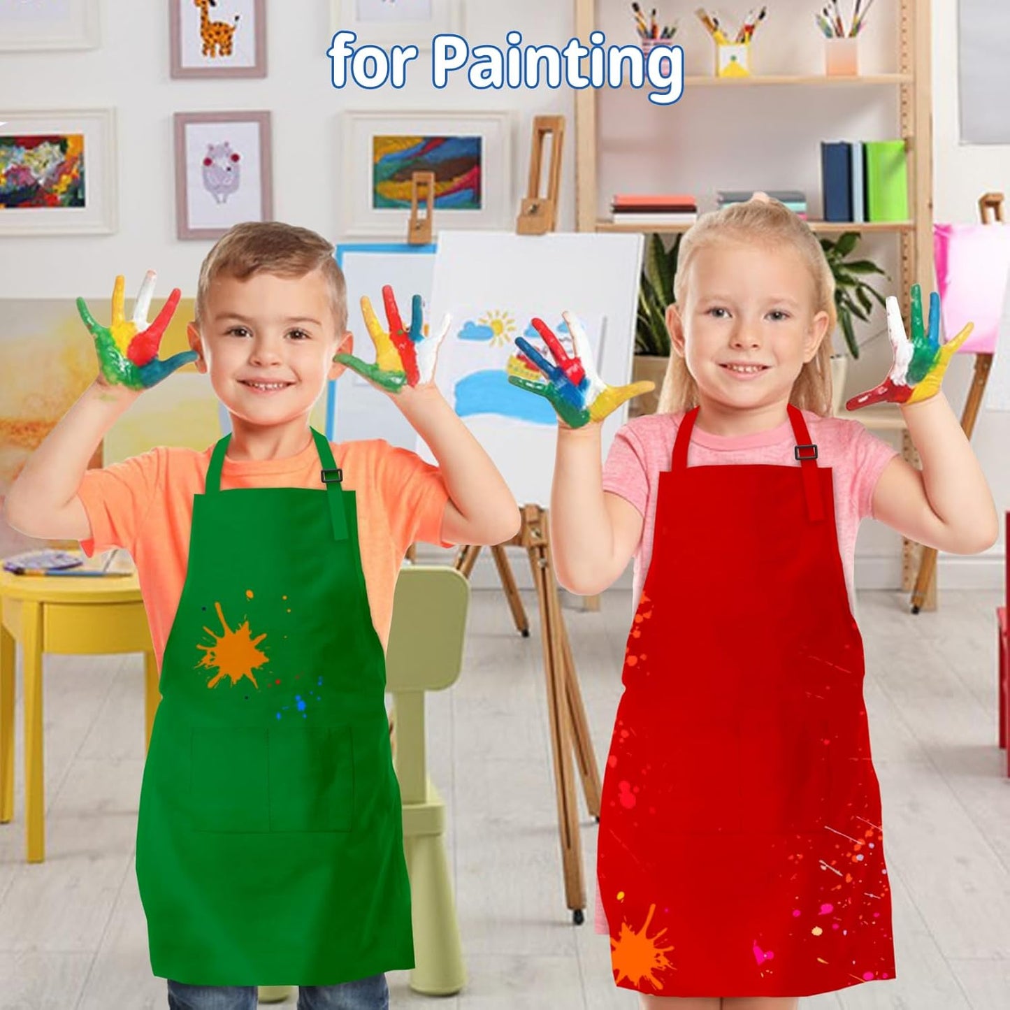 2Pcs Kids Aprons Children Artists Aprons with Pockets Adjustable Chef Aprons for Cooking Kitchen Backing Painting