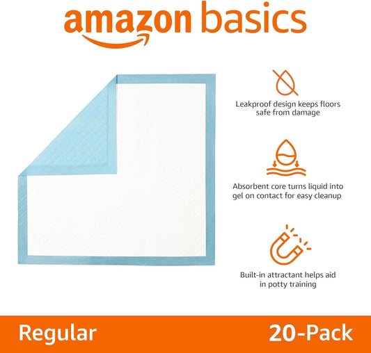 Amazon Basics Heavy Duty Absorbent Dog and Puppy Pee Pads with 5-Layer Leak-Proof Design and Quick-Dry Surface for Potty Training, Regular Size, 24 x 23 Inches, Blue & White, 20-Count