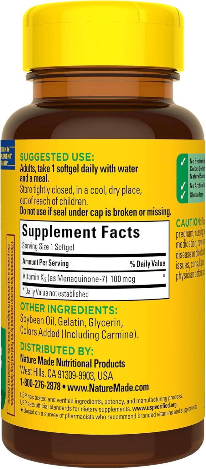 Nature Made Vitamin K2 100 mcg, Healthy Bone Supplements, Vitamin K2 Supplement, 30 Softgels, 30 Day Supply