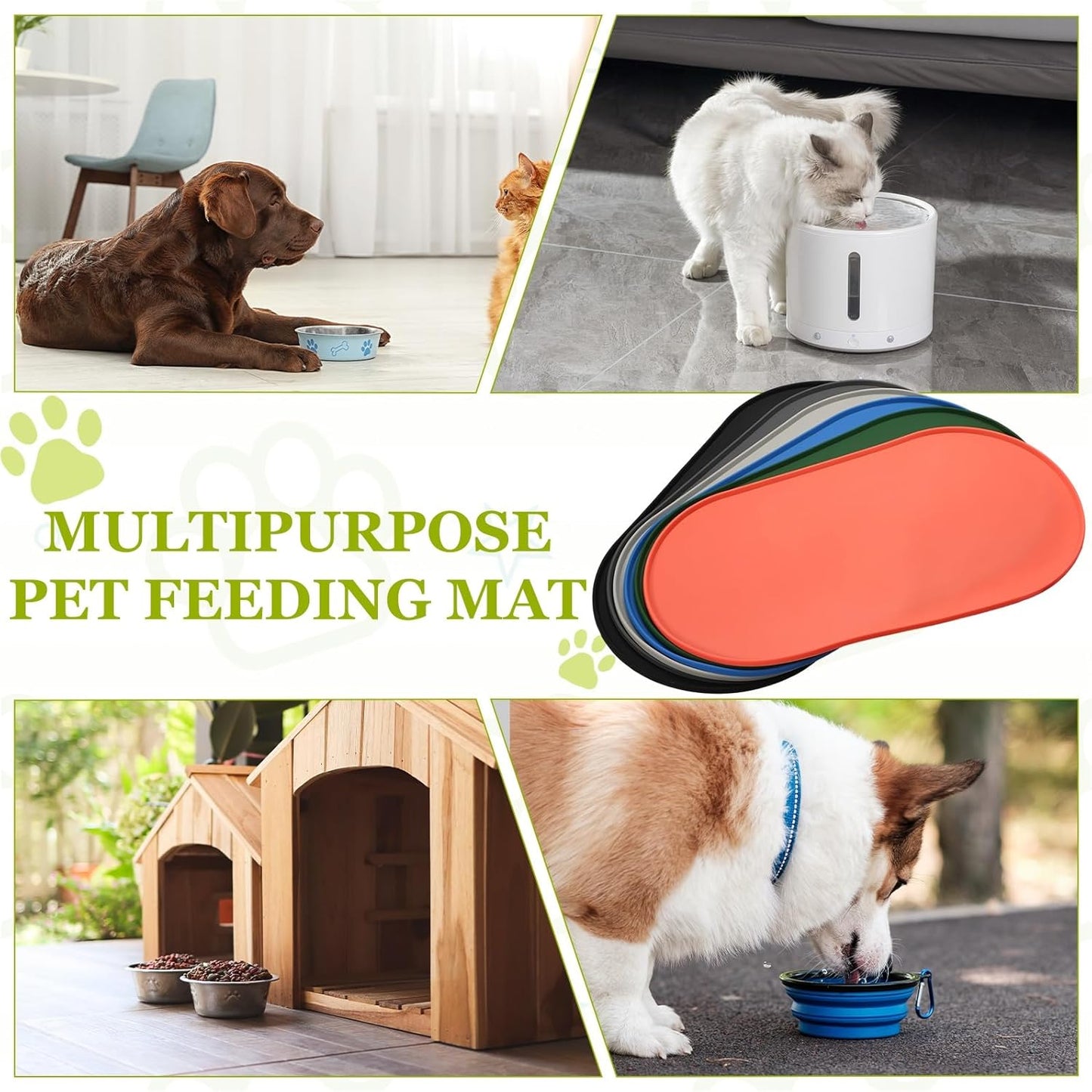 Cat Food Mat, 18x10 Inch Silicone Pet Feeding Mat Non-Slip Oval Waterproof Dog Water Bowl Tray Raised Edge Protects Floors (Orange), Intended for Pets Bowl/Fountain