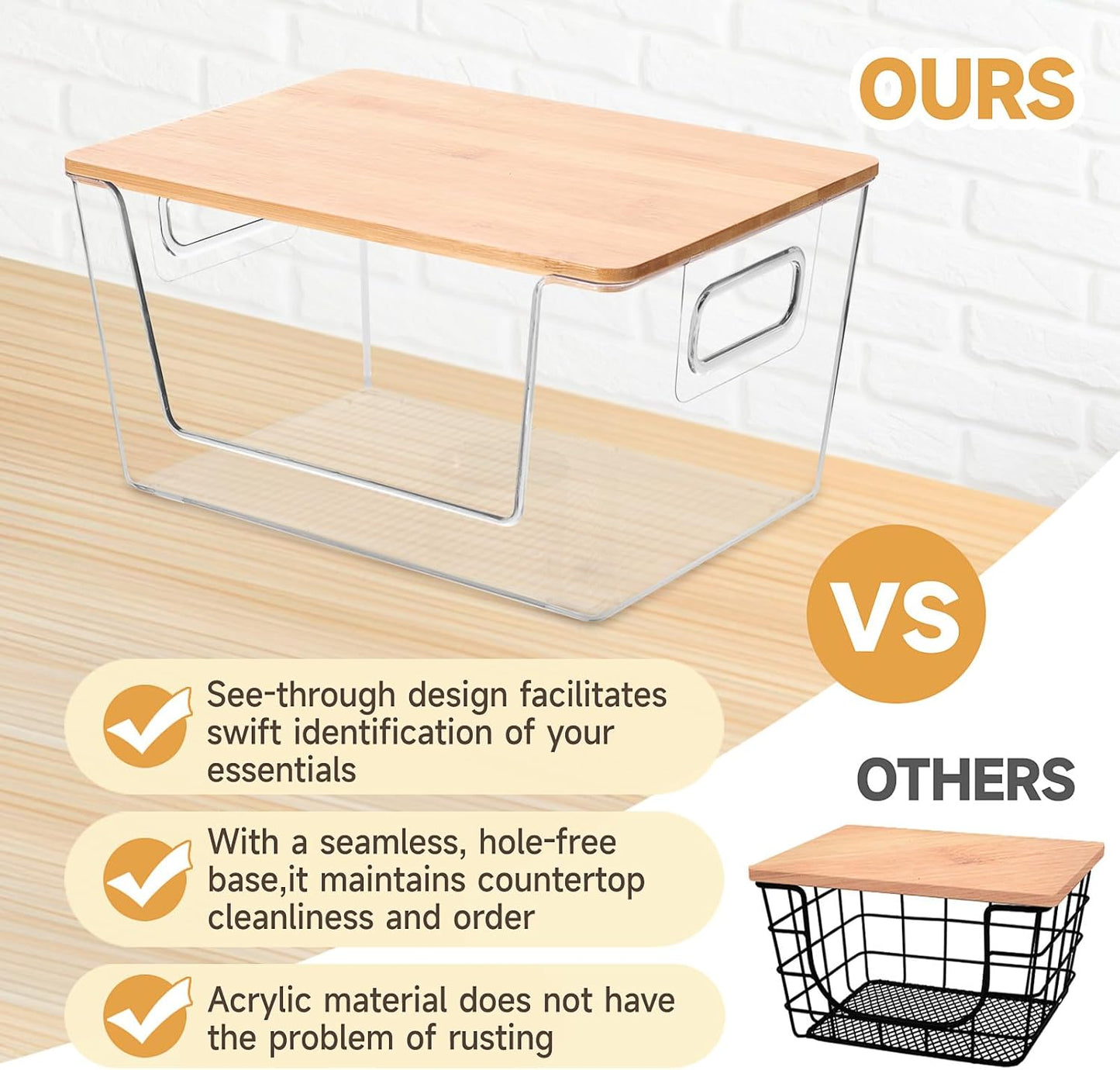 2 Set Pantry Organizer and Storage, Stackable Trash Bag Dispenser Clear Acrylic Kitchen Counter Pantry Baskets for Potato, Onion, Produce, Fruit, Vegetable, Snack, Trash Bag Holder with Bamboo Lid