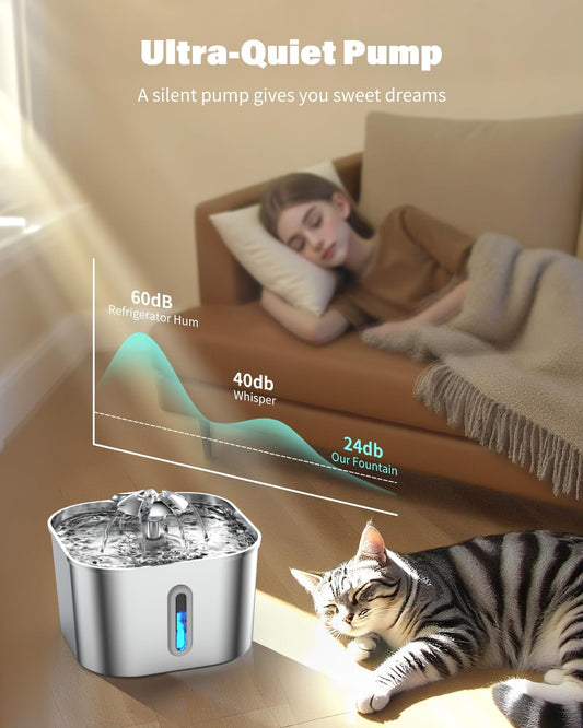 Wonder Creature Cat Water Fountain Stainless Steel, 74oz/2.2L Automatic Quiet Cat Drinking Fountain, Indoor Water Dispenser for Cats, Kittens, Small Dogs and Pets, Circulating Pet Water Fountain