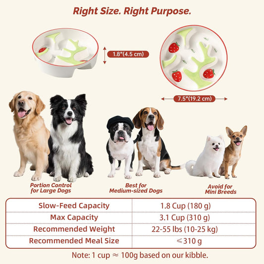 Ceramic Slow Feeder Dog Bowl - Portion Control Feeding Bowl for Medium Dogs - Cute Maze Food Dish for Fast Eaters - 3.1 Cups (310 g) - Doodle Series (Strawberry)