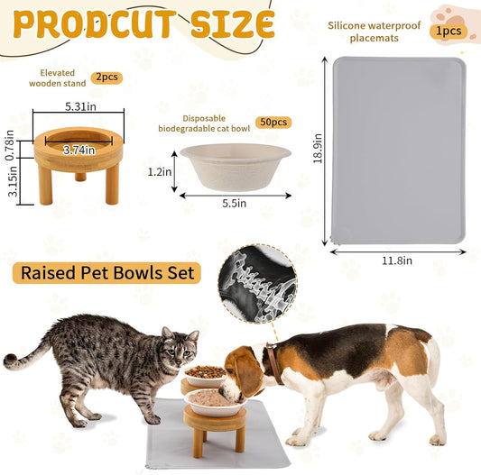 LemonRoad 53 Pcs 1.5 Cup Compostable Elevated Pet Feeding Bowls with Food Mat and Reusable Elevated Wood Stand for Wet and Dry Food Travel Outdoor Pet Care