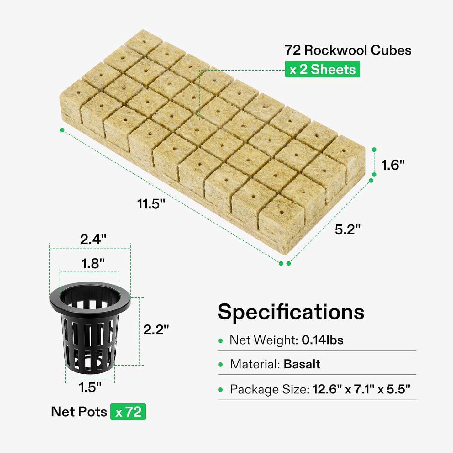 VIVOSUN 72 Rockwool Cubes & Net Pots Set for Hydroponics, 1.2” x 1.2” x 1.6” Cubes, 72 Plugs & 72 2” Net Cups for Hydroponic Growing, Seed-Starting, Cloning, Tower Gardens