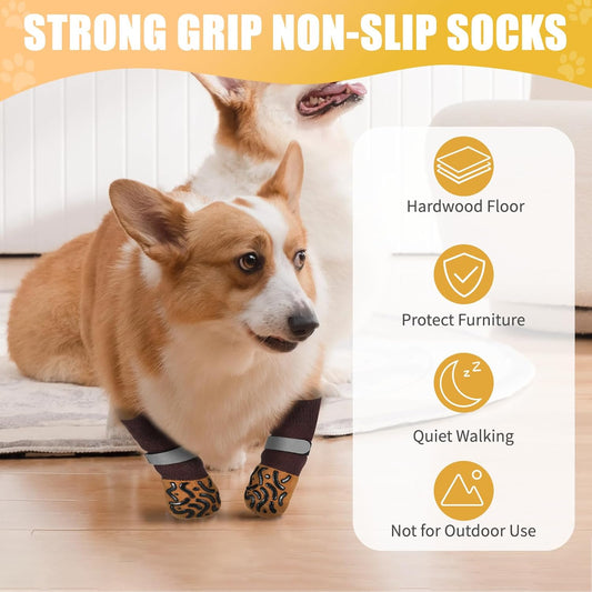 2 Pairs of Dog Socks to Prevent Licking Paws, Double Sides Non-Slip Dog Boots & Paw Protectors, Paw Dog Socks with Grippers for Senior Dogs on Hardwood Floor (Brown, X-Small)