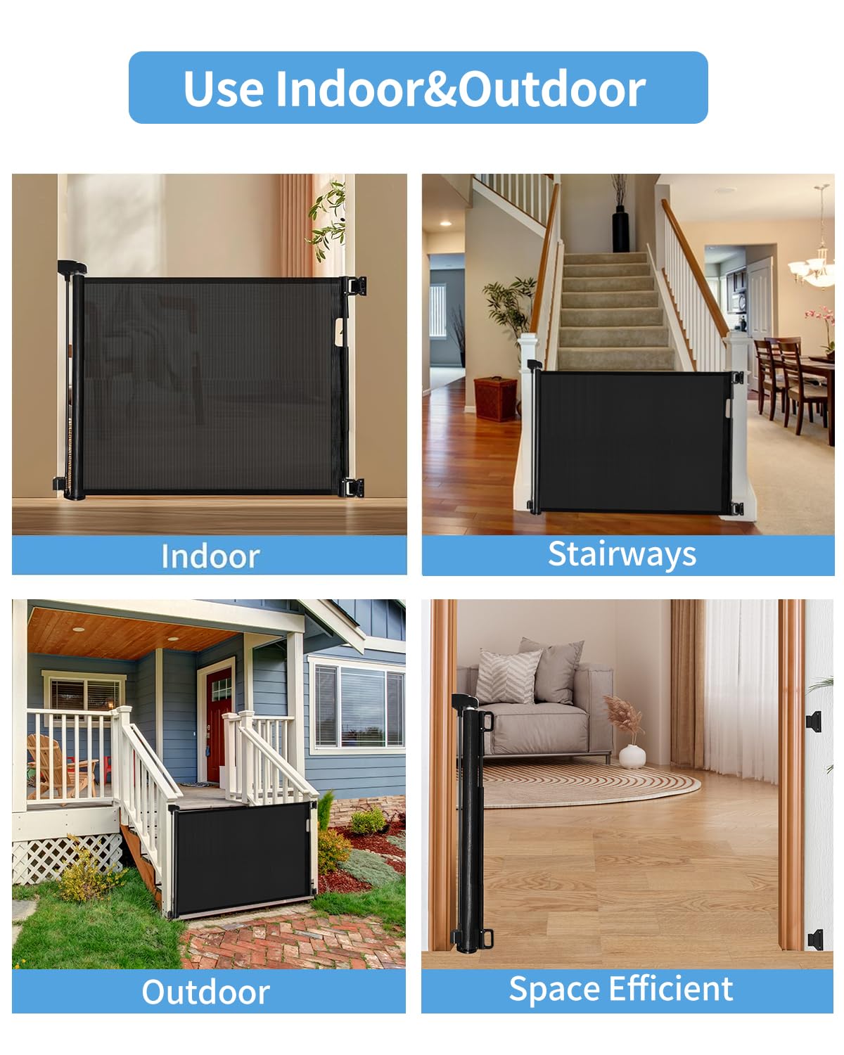 Retractable Baby Gate for Doorways and Stairs, Mesh Safety Gate for Pet, Indoor & Outdoor Use, One-Hand Operation, Easy Installation, 33.6" Tall, Expands to 55" Wide(Black,33.6"x55"