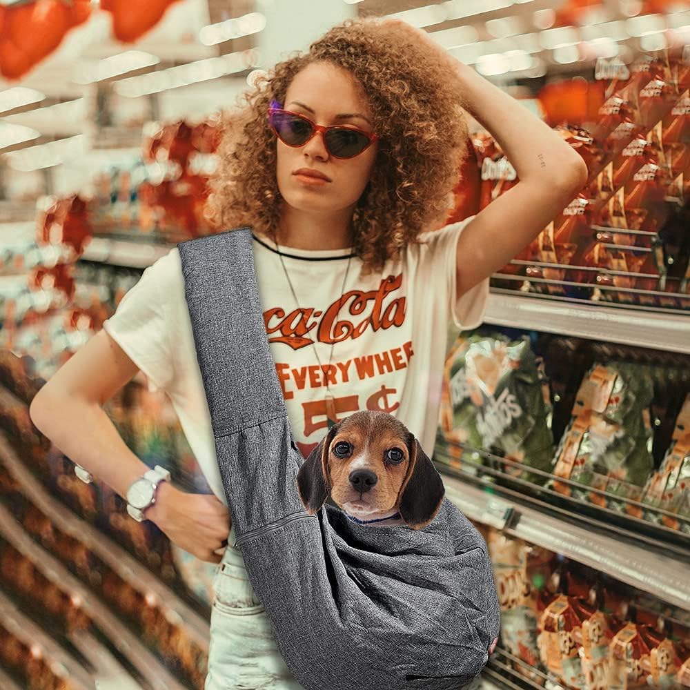 Dog Cat Sling Carrier Adjustable Padded Shoulder Strap with Mesh Pocket for Outdoor Travel (Grey, L - 8 to 15 lbs)