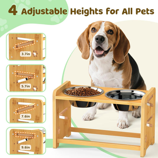 Elevated Dog Bowls, Adjustable Raised Dog Bowl Stand for Medium and Small Pet, 11" High Bamboo Pet Food Feeder with 2 Stainless Steel Dishes(4 Heights)