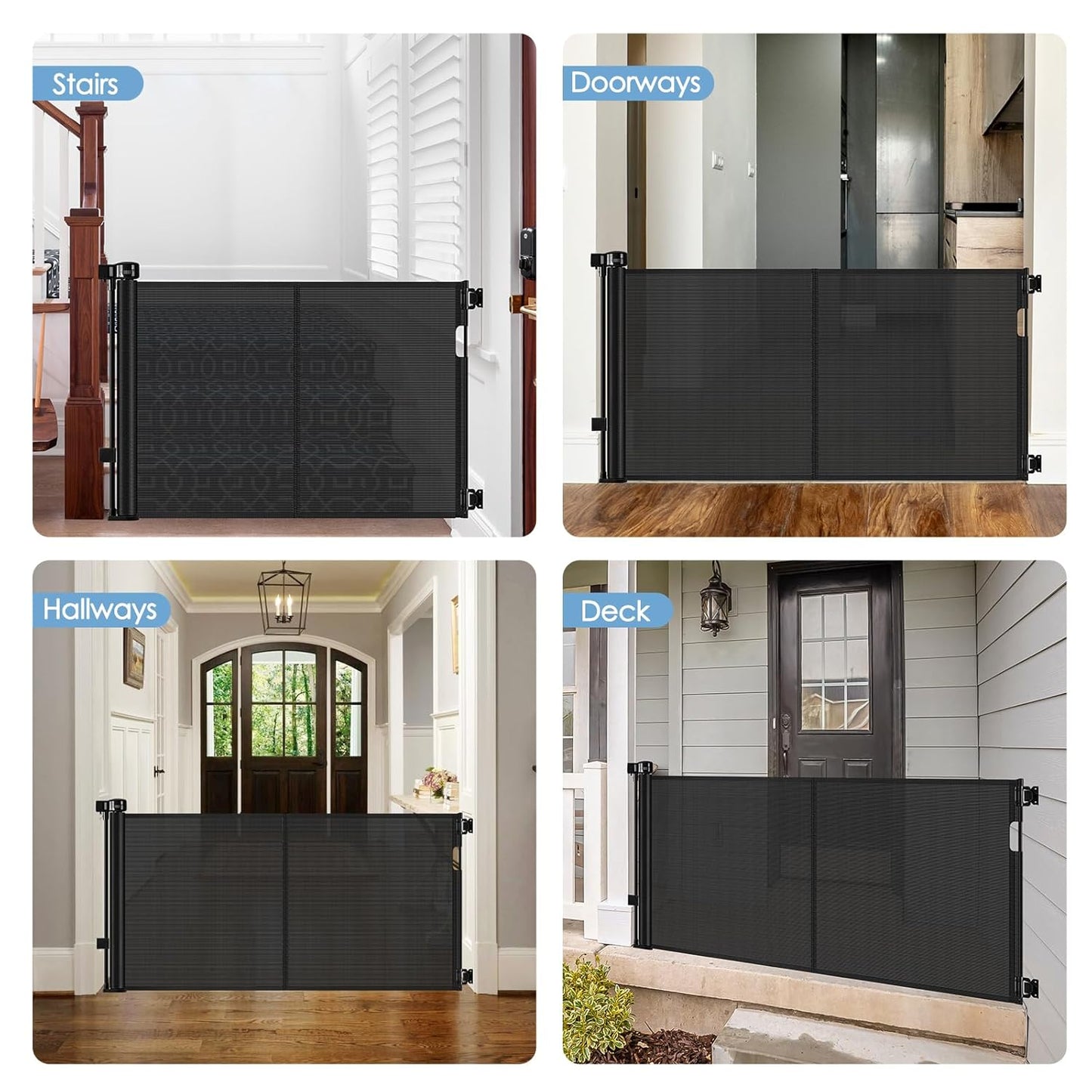 Reinforced Retractable Baby Gates with Support Rods, Extends up to 55” Wide, Retractable Dog Gate for Doorways Prevent Bottom Crawling Through, Mesh Pet Gate for Stairs Indoor Outdoor, Black