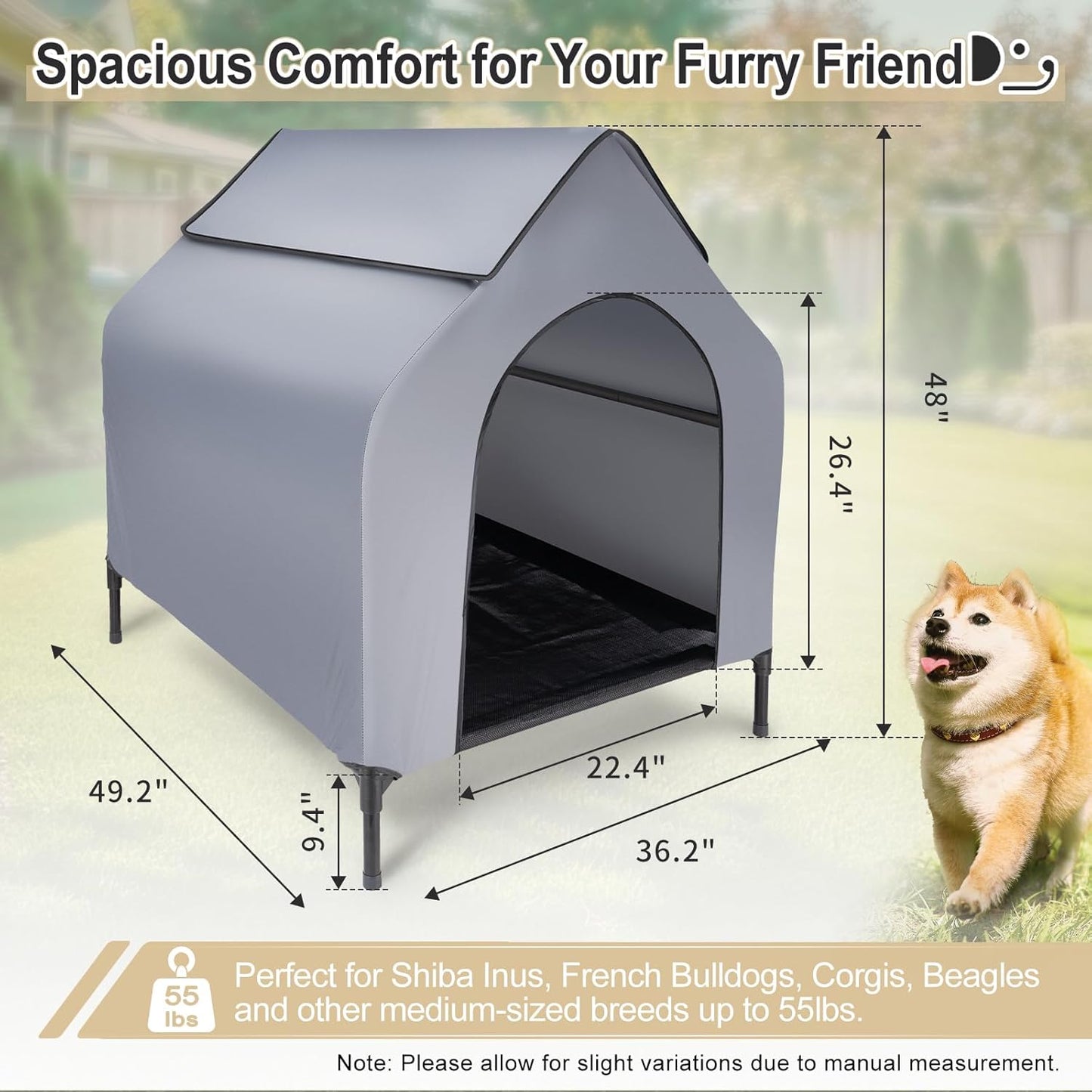 49" Large Elevated Dog House for Outdoor & Indoor Use, Weatherproof 600D PVC Fabric, Breathable Mesh Windows, Textilene Elevated Dog Bed, Easy Clean Dog Cot for Large Dogs