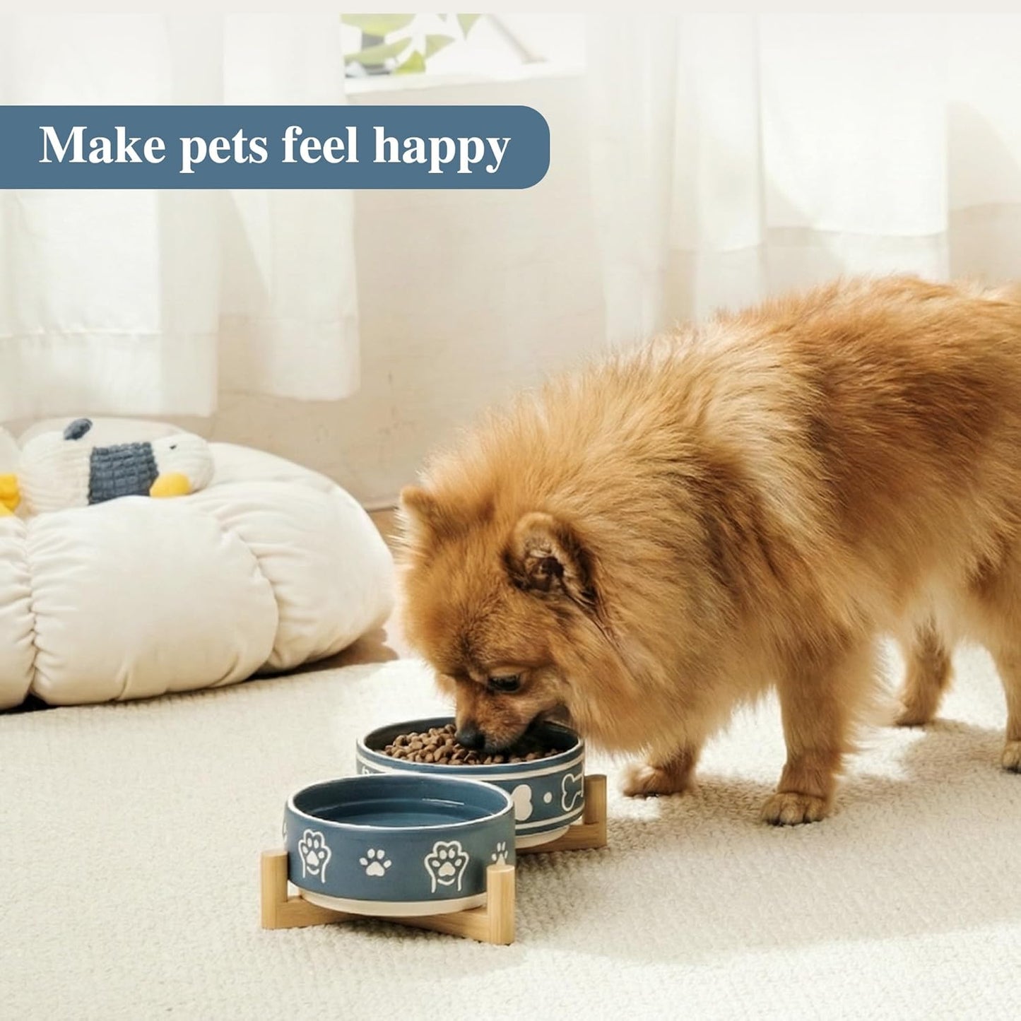 Dog Bowls Set with Stand, 1.5 Cups Ceramic Puppy Bowls for Dogs, Dual Dog Food and Water Bowls with Bone Pattern,Weighted Non-Slip Base (S-1.5 Cups)