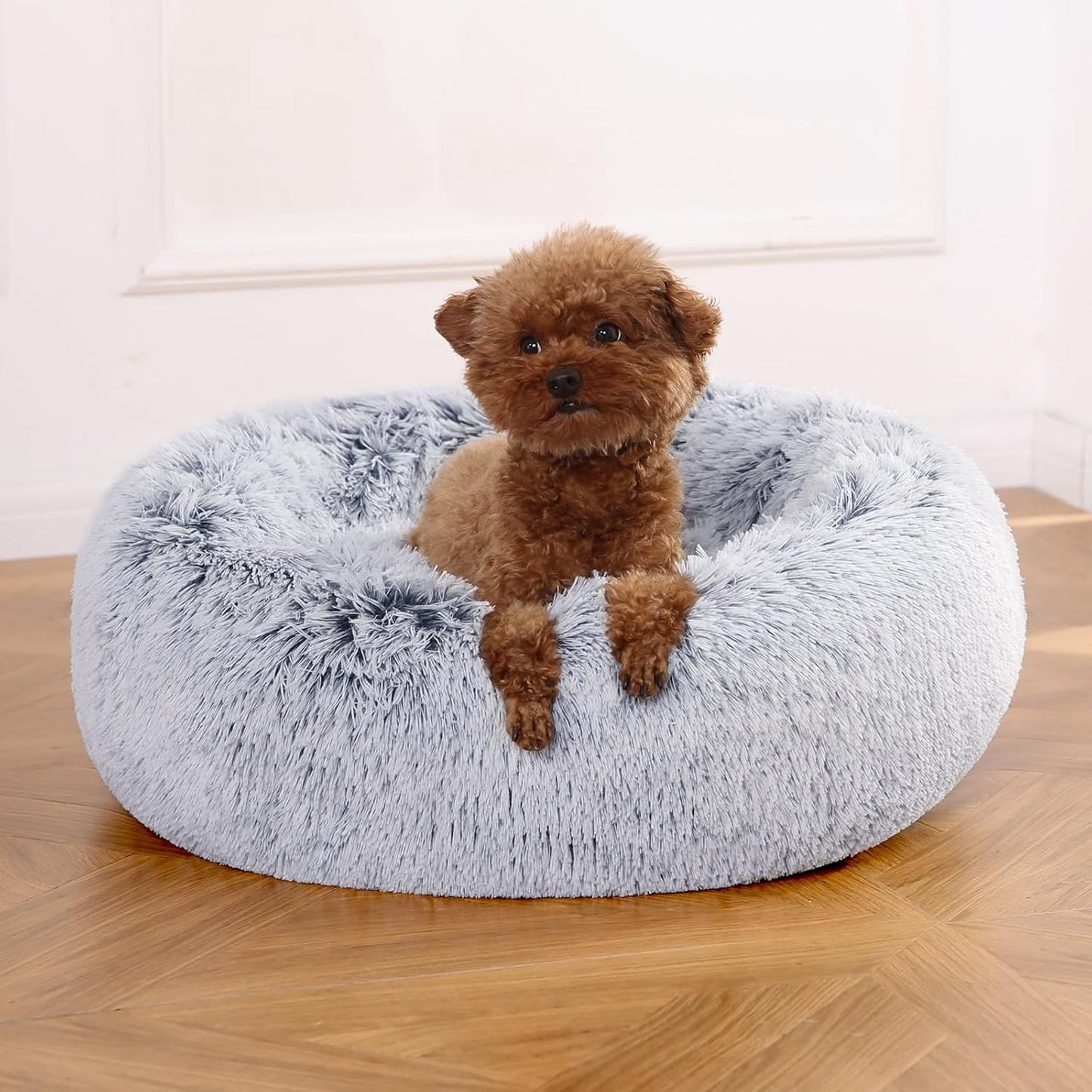 Amazon Basics Washable Donut Pet Bolster Faux Fur Bed with Removable Cover, Anti-Slip Bottom for Dog, Grey, 23" x 23"