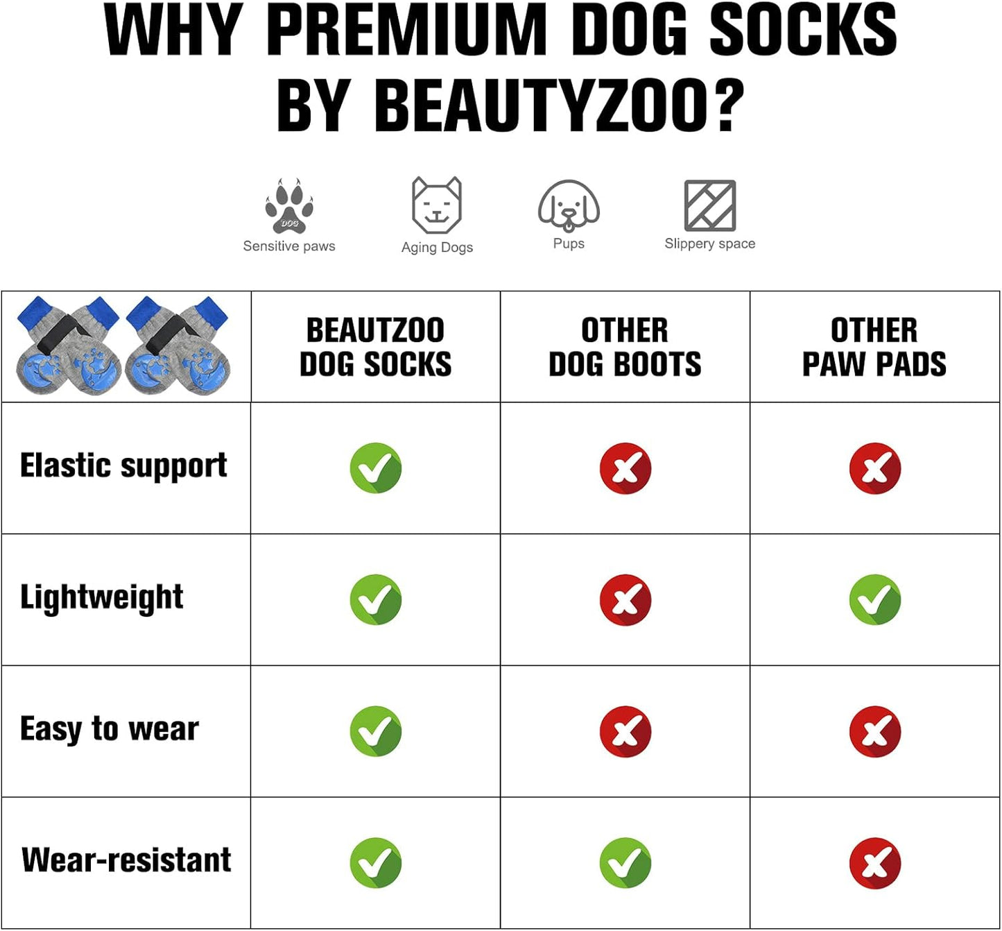 BEAUTYZOO Anti Slip Dog Socks to Prevent Licking Paws, Dog Shoes for Cold Winter Snow, Double Sides Dog Boots & Paw Protectors Booties for Hardwood Floors with Grippers Large Medium Small Senior Dogs