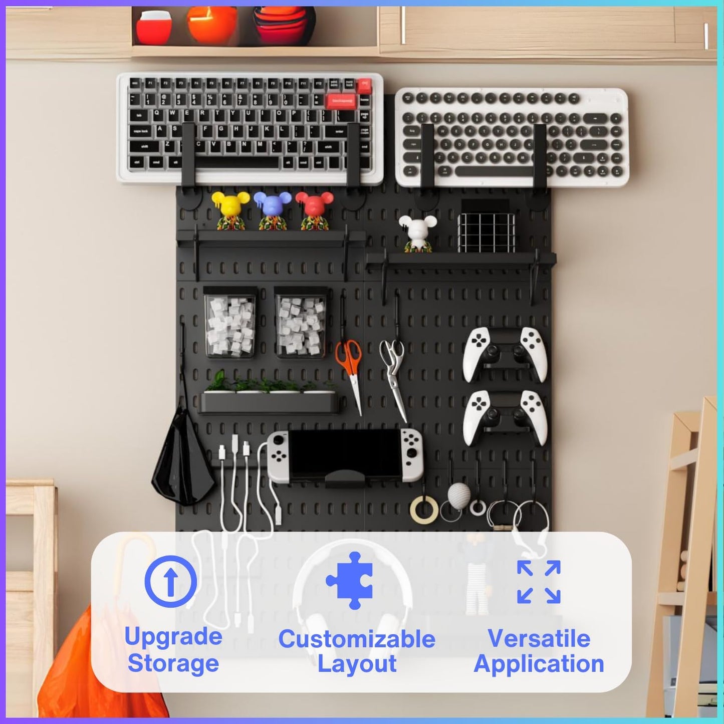 Keepo Pegboard Combination Kit, Pegboards and Accessories Modular Hanging for Gaming Setup, Gaming Station Peg Board, Gaming Organizer, Wall Game Controller Holder, Headset Stand (Black, 33″×22″)