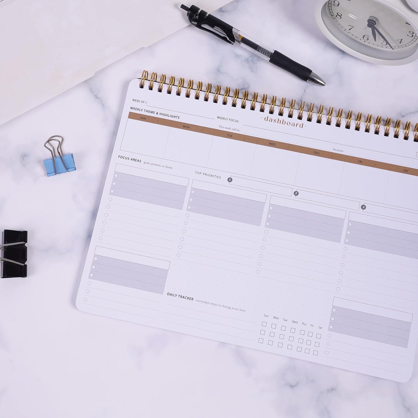 ZERONE CENTRE Productivity Weekly Planner - 54 Sheets Dashboard Spiral Deskpad Has 6 Focus Areas to List Tasks for Goals, Projects, Clients, Academic, or Shopping-Organize Your Daily Work Efficiently