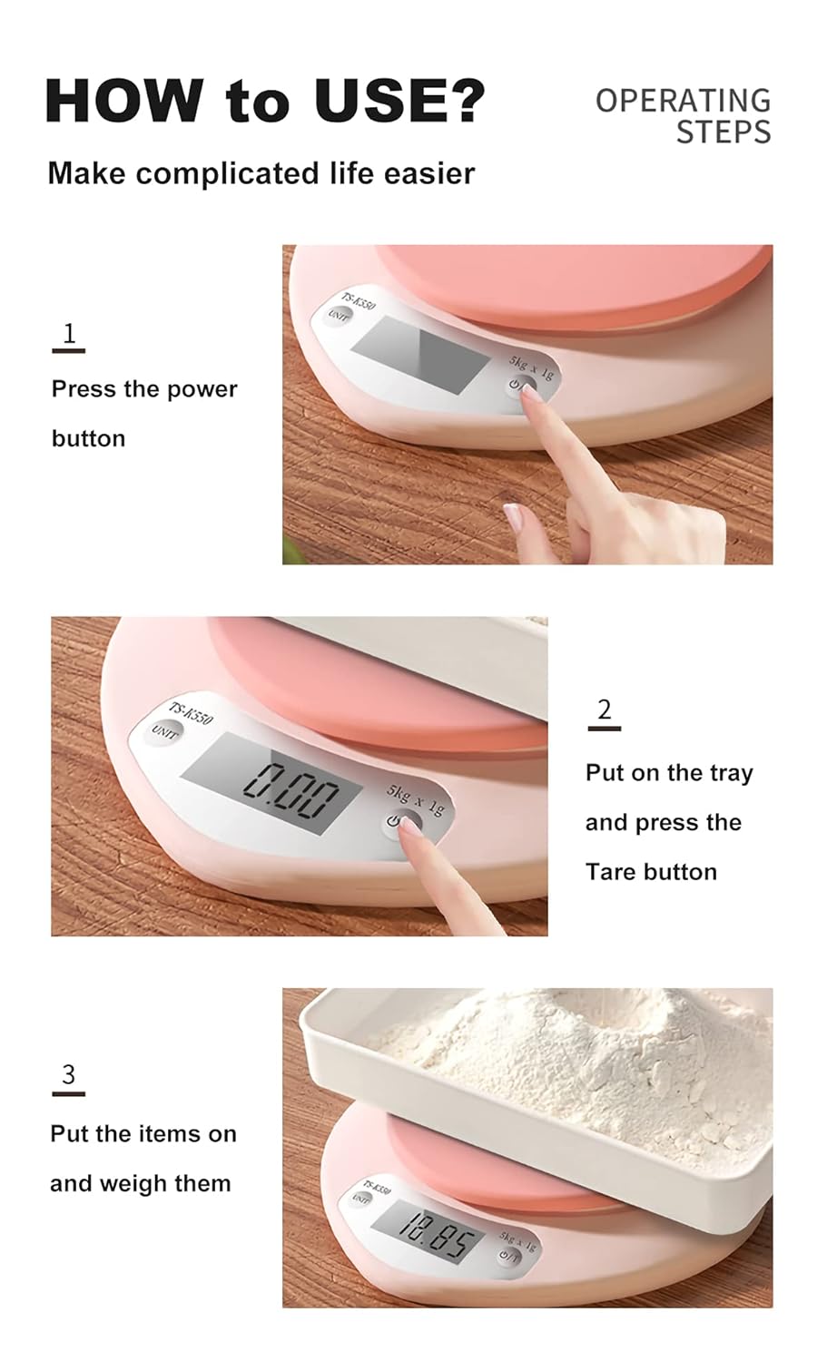 YRY Pink Kitchen Scale - Large LCD, Tare Function, 11 lbs Capacity, 0.03 oz Precise Graduation - Perfect Food Scale for Baking & Cooking, ML & Oz Unit for Liquids and Solids (Pink 5kg/1g)
