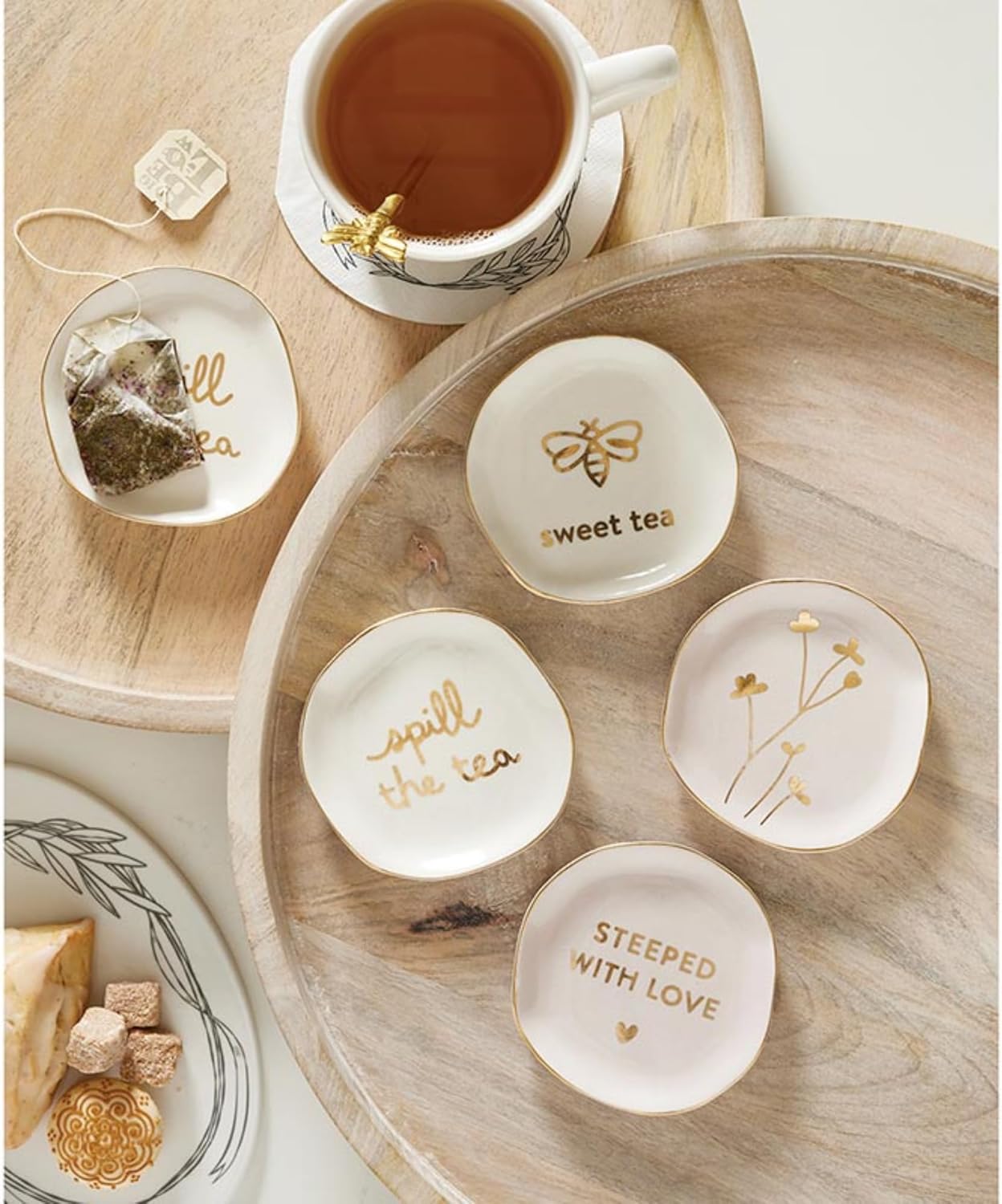 Santa Barbara Design Studio Tea Bag Holder White Ceramic Gold Foil Tea Rest, 3.5" Diameter, Spill The Tea
