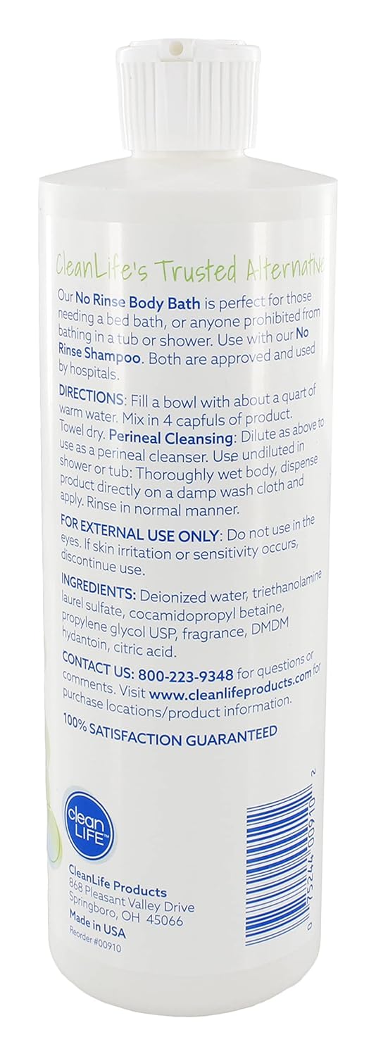 No-Rinse CleanLife Products Body Bath, 16 fl oz (Pack of 3, Makes 48 Complete Baths) – Gentle, Concentrated Liquid Body Wash Made in USA – Ideal for Post-Surgery, Elderly Care, Camping, and Travel