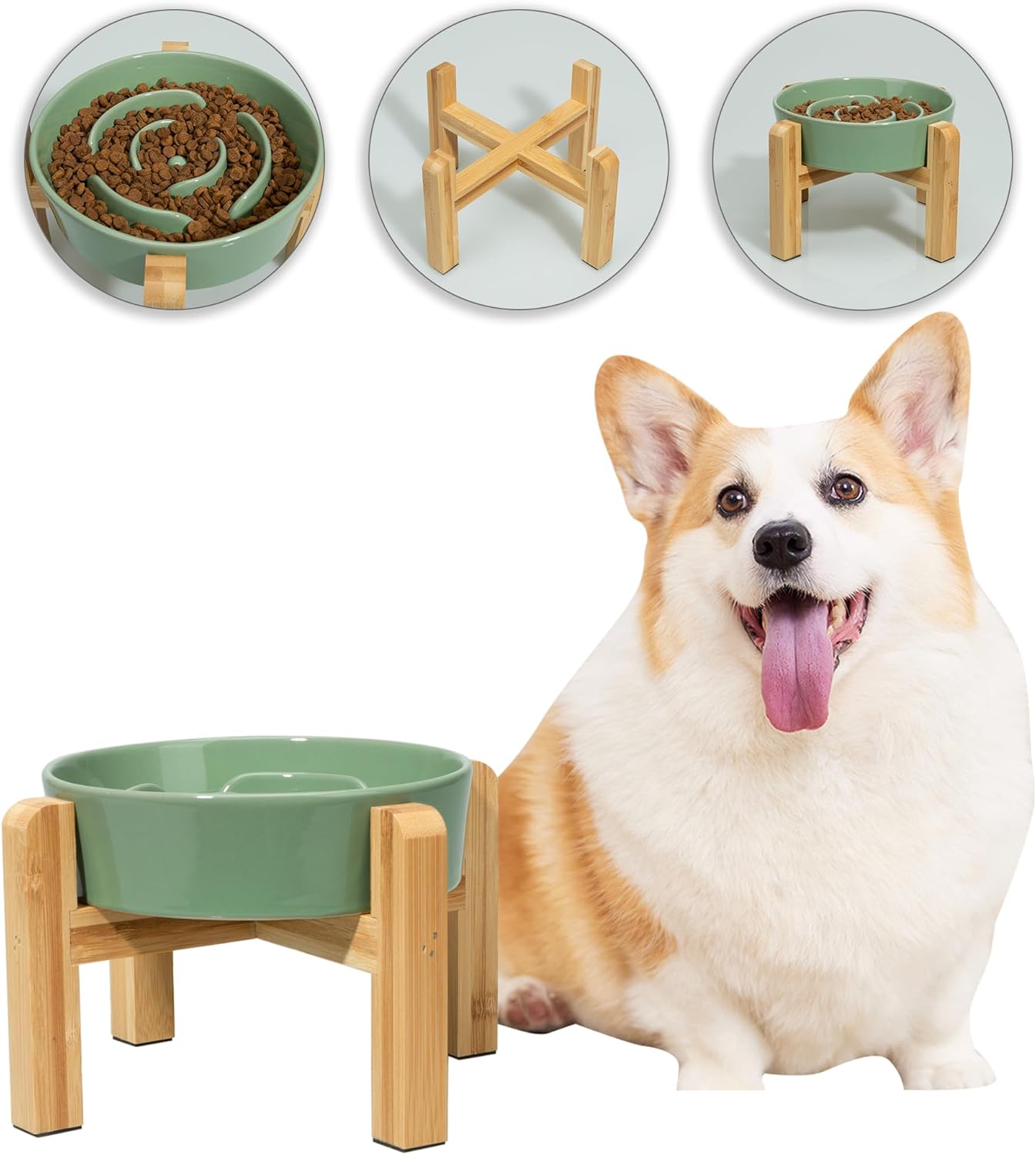 Elevated Slow Feeder Dog Bowl - Ceramic Maze Food Dish with Bamboo Stand - Raised Feeding Bowl for Fast Eaters - Ideal for Small and Medium Dogs - Green - 6.7 inch
