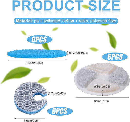 6 Set Cat Water Fountain Filters and Filter Sponges, 3 Triple Filtration System Pet Dog Water Dispenser Filter Replacement Activated Carbon Filters for 67oz/2L Stainless Steel Cat Fountain