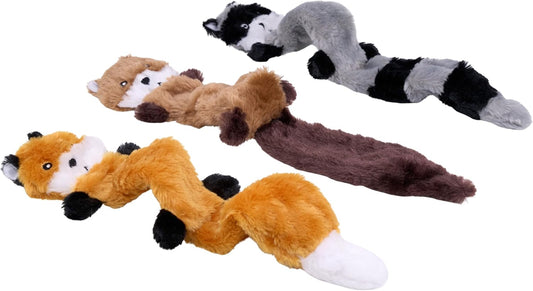 ZippyPaws Skinny Peltz - No Stuffing Dog Toy Pack to Keep Them Busy, for Medium and Large Dogs, Squeaky Pet Toys, Unstuffed Chew Toys, Soft Plush Variety Pack, Fox, Raccoon, and Squirrel - 18"
