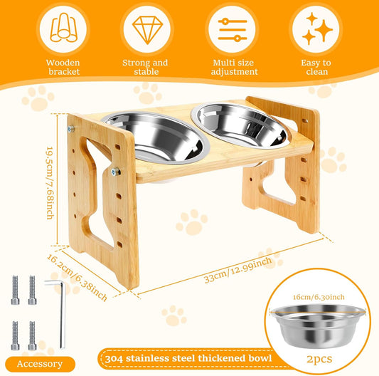 Elevated Dog Bowls - Flexible Adjustable Dog Bowl Stand for Small Medium Dogs & Cats | 6'' Diameter Double Bowls & Non-Slip Foot Pads & Removable Stand