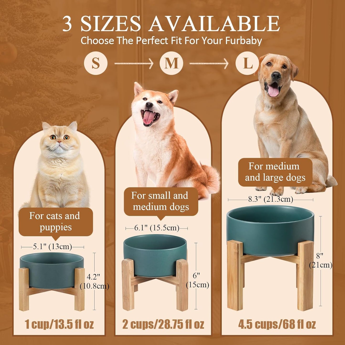 Ceramic Elevated Raised Cat Bowl with Wood Stand No Spill Pet Food Water Feeder Cats Small Dogs