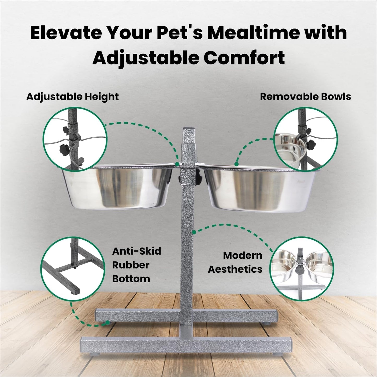 Iconic Pet Adjustable H-Design Double Diner - Non-Skid Rubber Base Noise Free Stable Dog Food Stand with 5 Quart/ 160 oz Stainless Steel Elevated Dog Food Bowls for Proper Growth & Digestion
