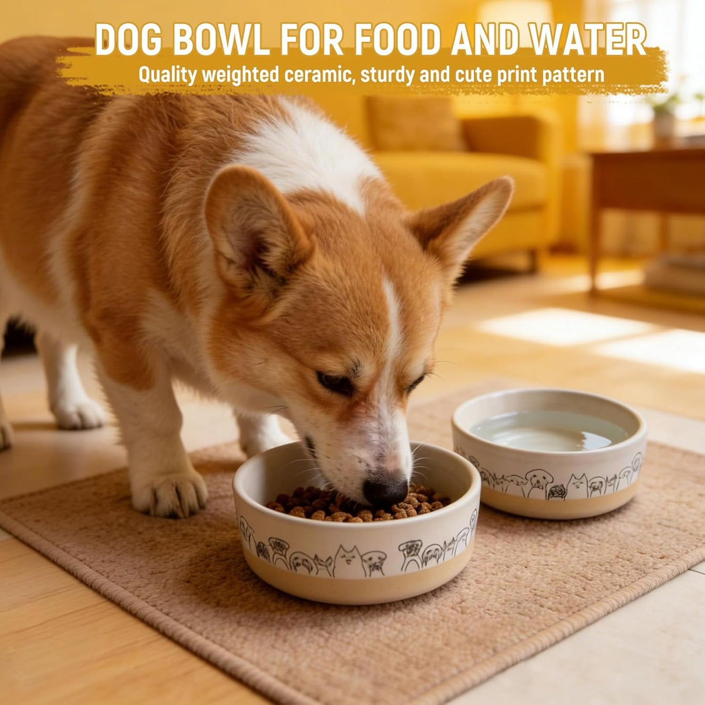 Elevated Ceramic Dog Bowls with Wooden Stand,6.1inch Raised Dog Bowls with Cute Pattern for Small and Medium Breed Dogs,2 Pack Dogs Food and Water Bowl Set,Weighted Pet Dishes Dishwasher Safe