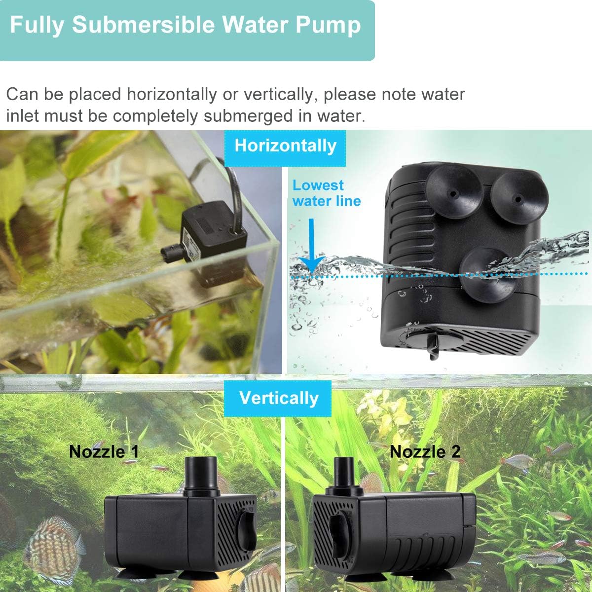 hygger Ultra Quiet 53GPH (200L/H, 3W) Submersible Mini Water Pump Comes with 2 Nozzles, for Aquariums, Fish Tank, Fountain, Hydroponics, Max Lift Height 1.7ft ,120V/60HZ, Power Cord 6ft