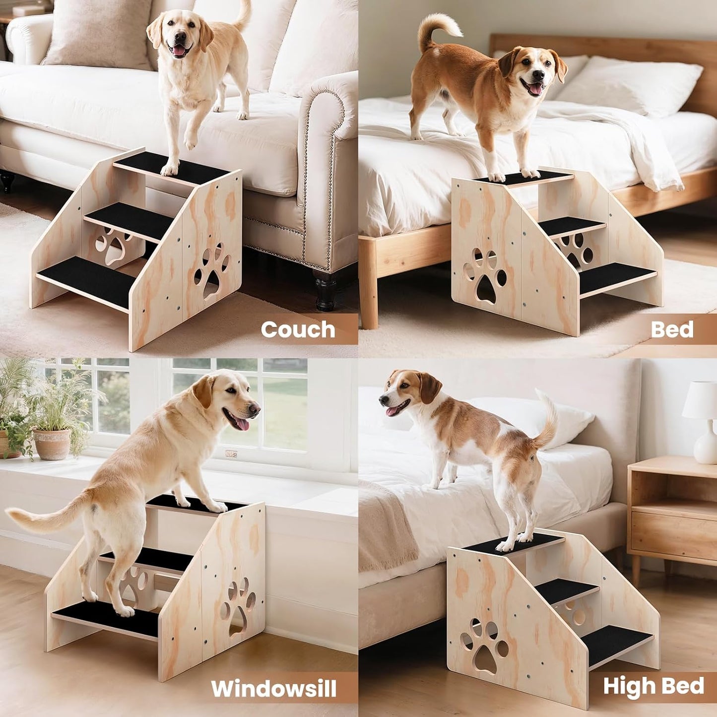 Dog Stairs, Wooden 3-Step Dog Ramp for Small Medium Large Older Cat, Puppy Essentials Pet Step Ladder for High Bed Couch Car