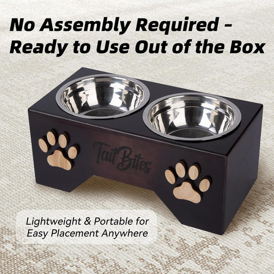Raised Dog Bowls for Medium & Large Dogs – Wooden Elevated Dog Feeder Stand with 2 Stainless Steel Bowls + Bonus Chew Treat (14” x 7” x 6”)