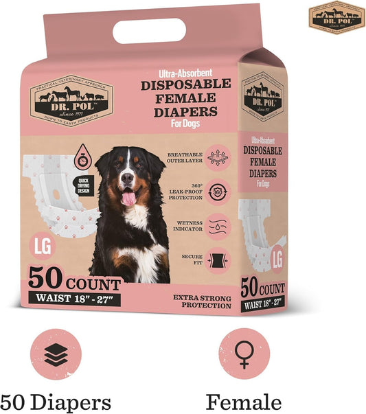 Dr Pol Dog Diapers for Female Dogs | Disposable Pet Diapers with Wetness Indicators | Adjustable Fit | Leak Protection & Super Absorbent | Perfect for Heat Cycles & Training Accidents | Pack of 50