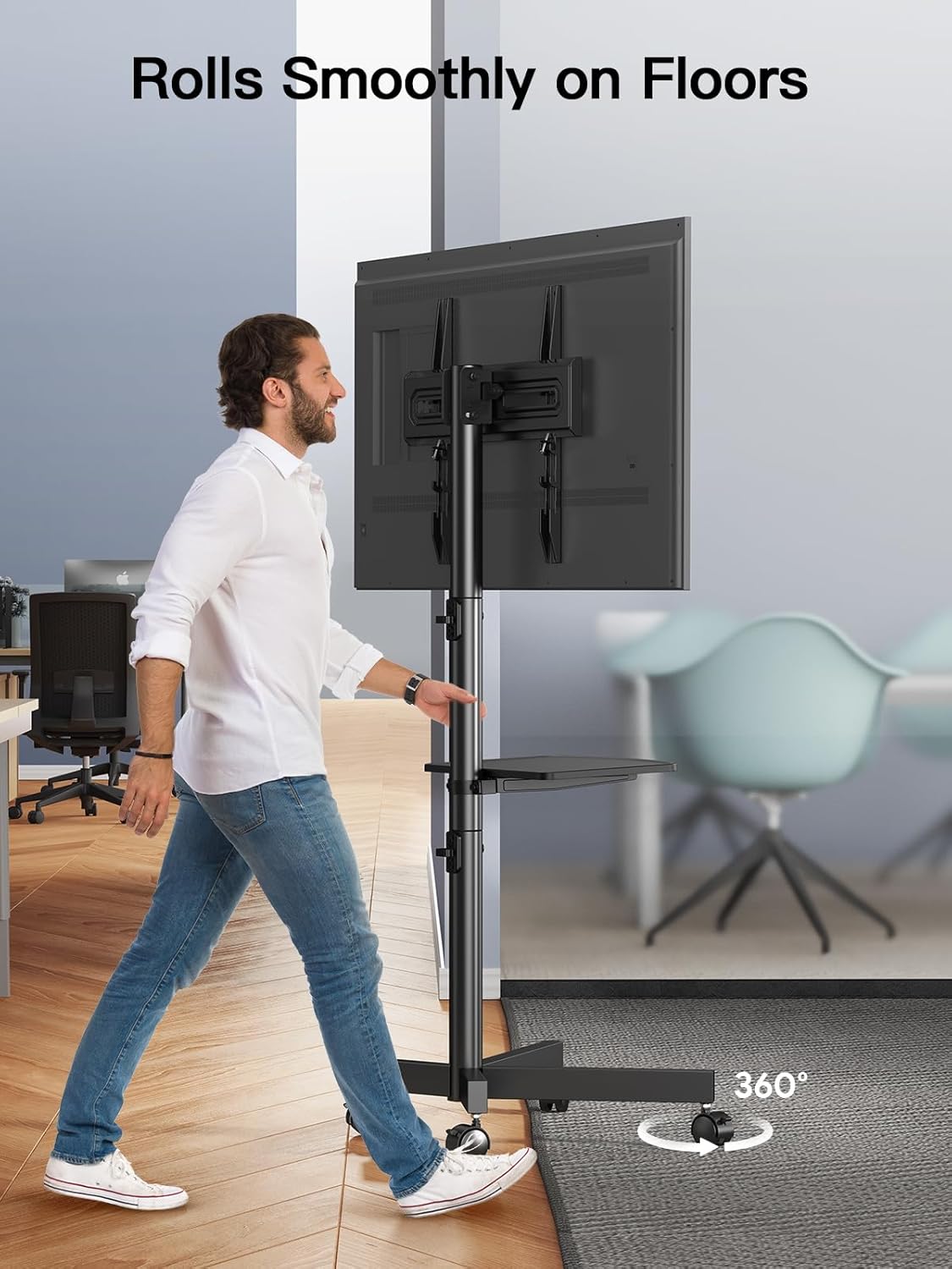 PERLESMITH Rolling TV Stand on Wheels for 23-60 Inch Flat Curved Screen TVs, Mobile TV Cart Holds up to 99 lbs -Portable TV Stand Adjustable Height with Shelf/Tray, Max VESA 400x400mm, PSTVMC04