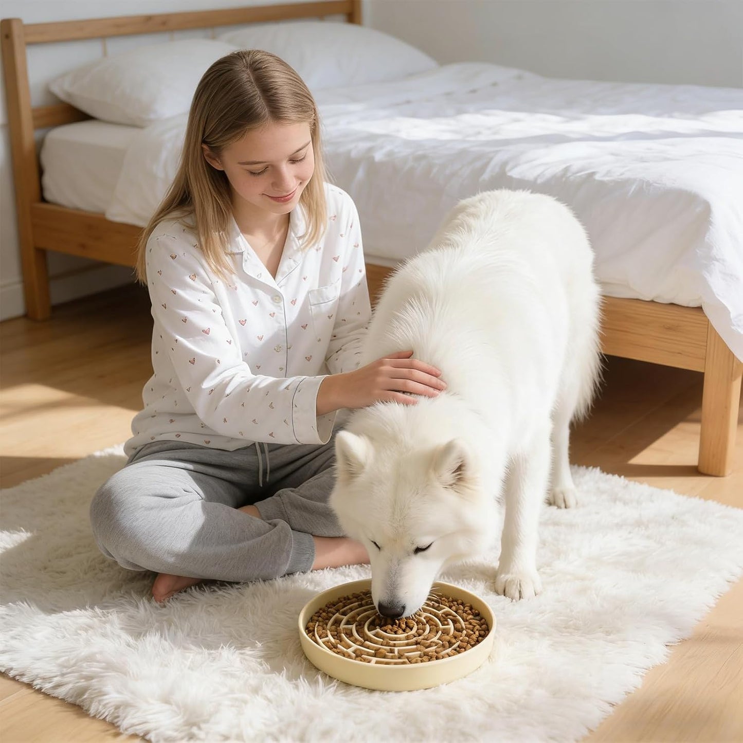 Silicone Maze Slow Feeder Bowl for Dogs and Cats, Non-Slip Puzzle Pet Dish with Food Dispersion, Easy Clean Interactive Bowl(Beige)